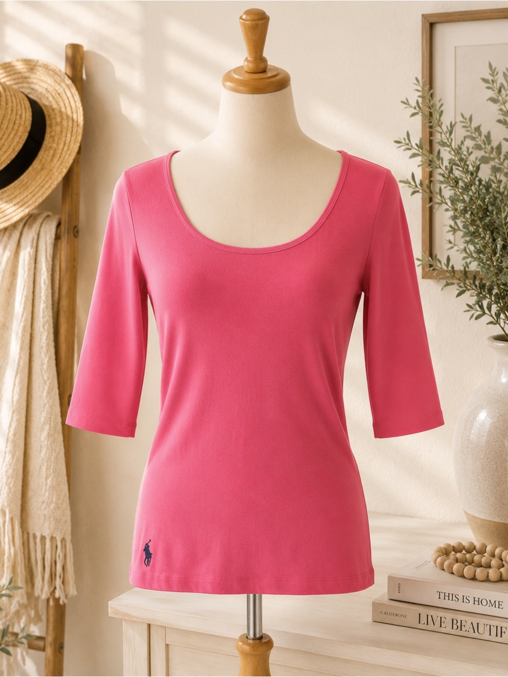 Ralph Lauren Sport XL Pink Scoop Neck 3/4 Sleeve Top Preppy Casual Women- Pink